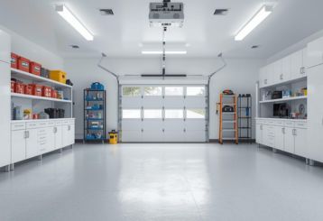 Neatly organized, modern garage with custom storage cabinets and upgraded garage door in Belleville NJ