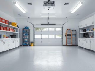 Neatly organized, modern garage with custom storage cabinets and upgraded garage door in Belleville NJ
