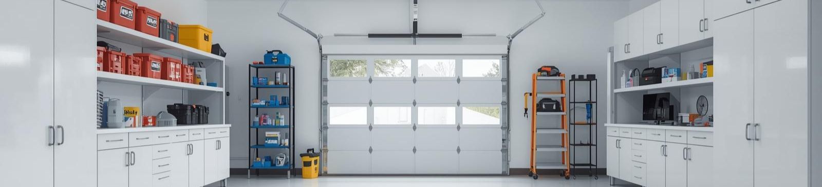 Neatly organized, modern garage with custom storage cabinets and upgraded garage door in Belleville NJ