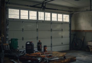 Homeowner's garage workshop with tools and cleaning supplies for DIY garage door maintenance in Belleville NJ