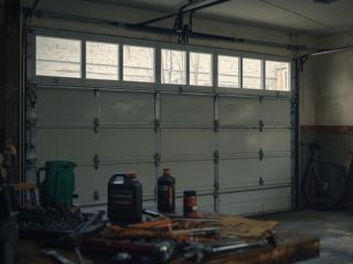 Homeowner's garage workshop with tools and cleaning supplies for DIY garage door maintenance in Belleville NJ