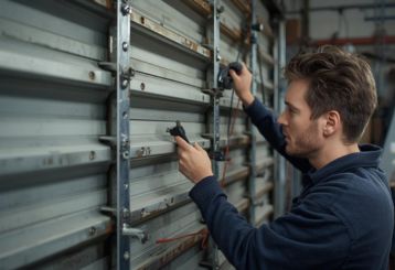 Technician tuning up a garage door for safe and smooth operation in Belleville NJ