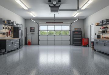 Spotless, organized garage with custom gray cabinets, epoxy floor, pegboard tool wall, and sleek workbench showcasing 2025 organization trends in Belleville NJ
