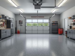 Spotless, organized garage with custom gray cabinets, epoxy floor, pegboard tool wall, and sleek workbench showcasing 2025 organization trends in Belleville NJ