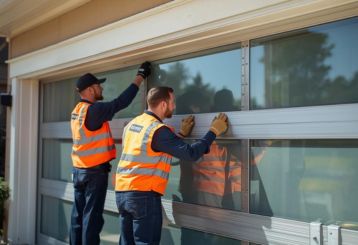 Two professional technicians in high-visibility vests installing a modern gray garage door with windows on a residential home in Belleville NJ