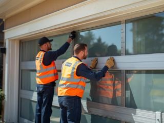Two professional technicians in high-visibility vests installing a modern gray garage door with windows on a residential home in Belleville NJ