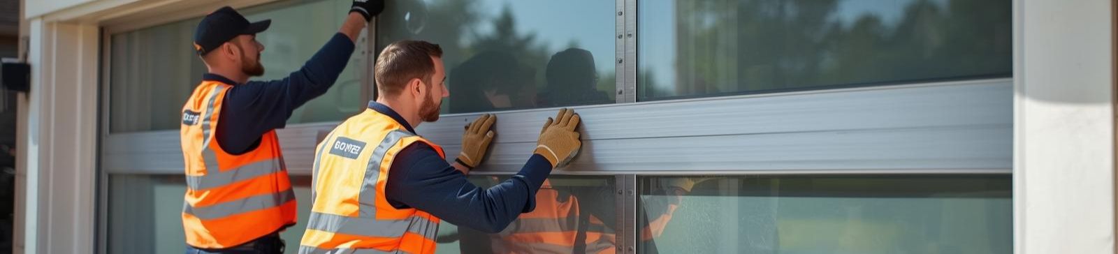 Two professional technicians in high-visibility vests installing a modern gray garage door with windows on a residential home in Belleville NJ