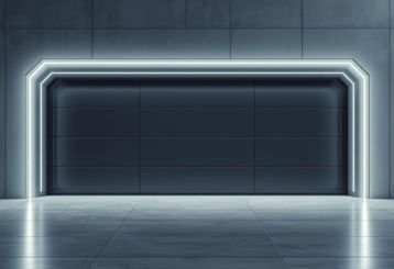 Modern dark gray garage door with LED accent lighting showcasing 2025's latest smart garage door technology for Belleville NJ homes